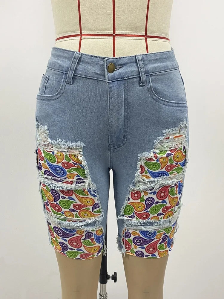 New European and American Patchwork Ripped Denim Shorts. Women's Summer Fashion Fringed Design Slim High-waisted Tight Shorts