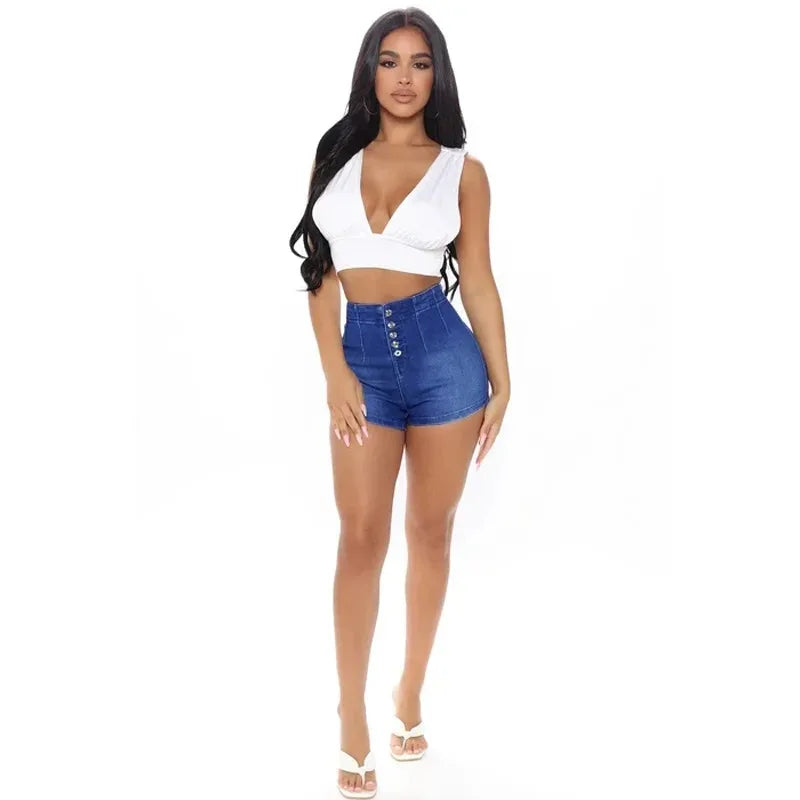 High-quality New Breasted Denim Shorts. Women's Spring Summer Fashionable Washed Casual Straight-leg High-waisted Short Jeans